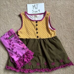 Matilda Jane Yellow and Olive Dress Size 6 with Pink Floral Shorties Size 4
